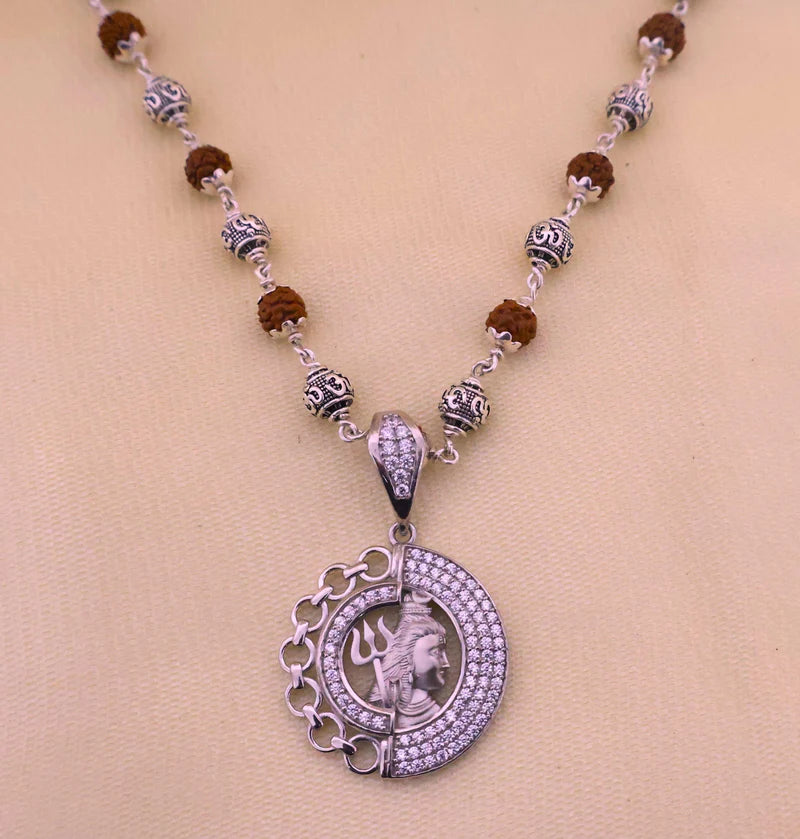 Shiv silver pendant with om beads silver Rudraksha chain