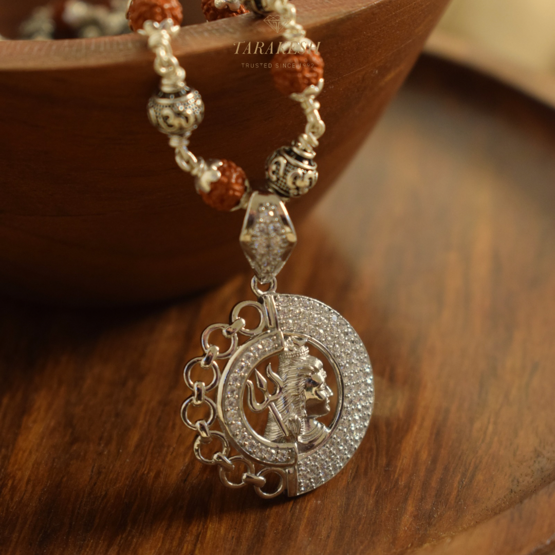 Rudraksha om beads silver chain with shiv pendant