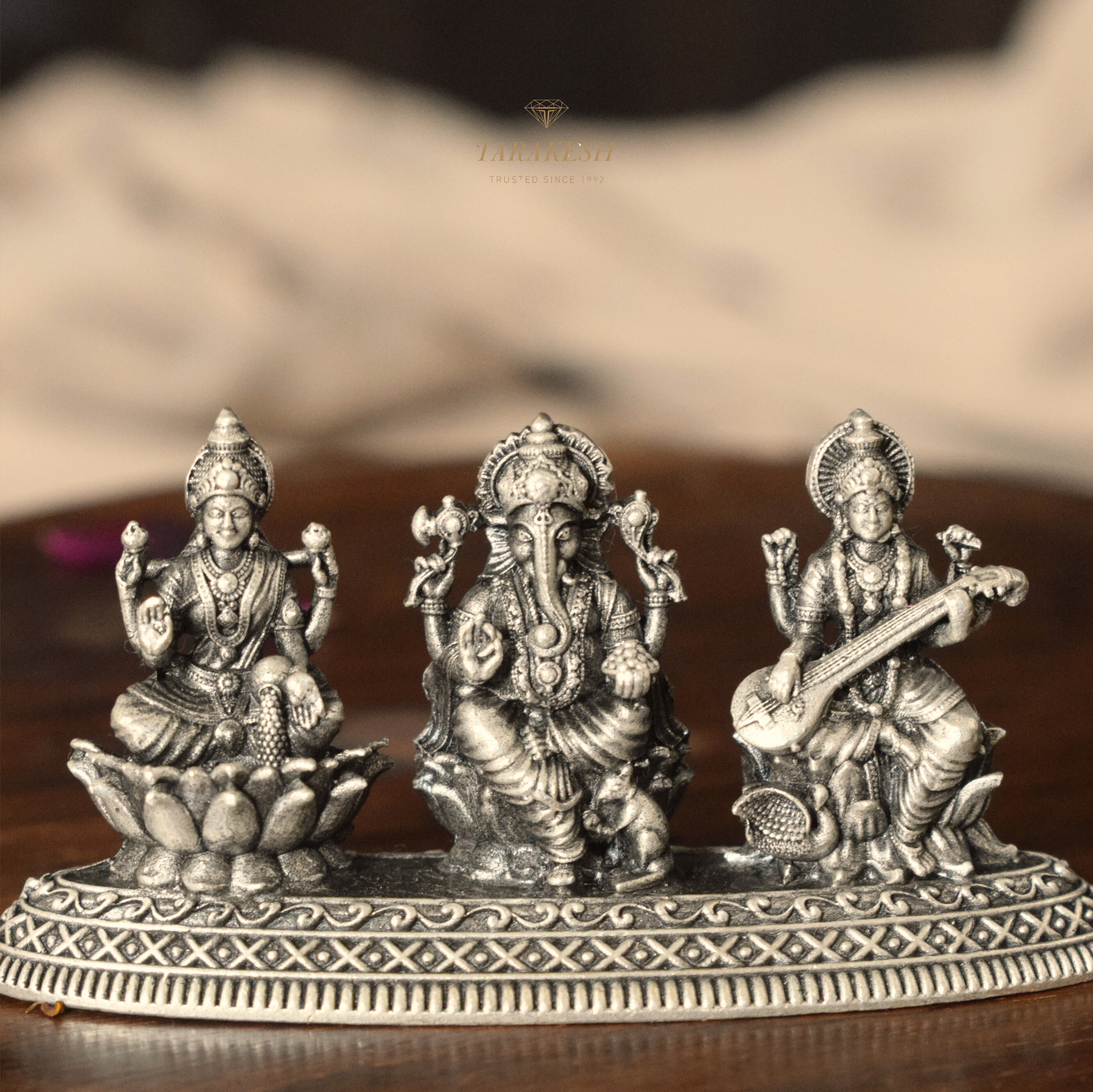Lakshmi Ganesha Saraswati Pure Silver Idol: Trimurti Edition